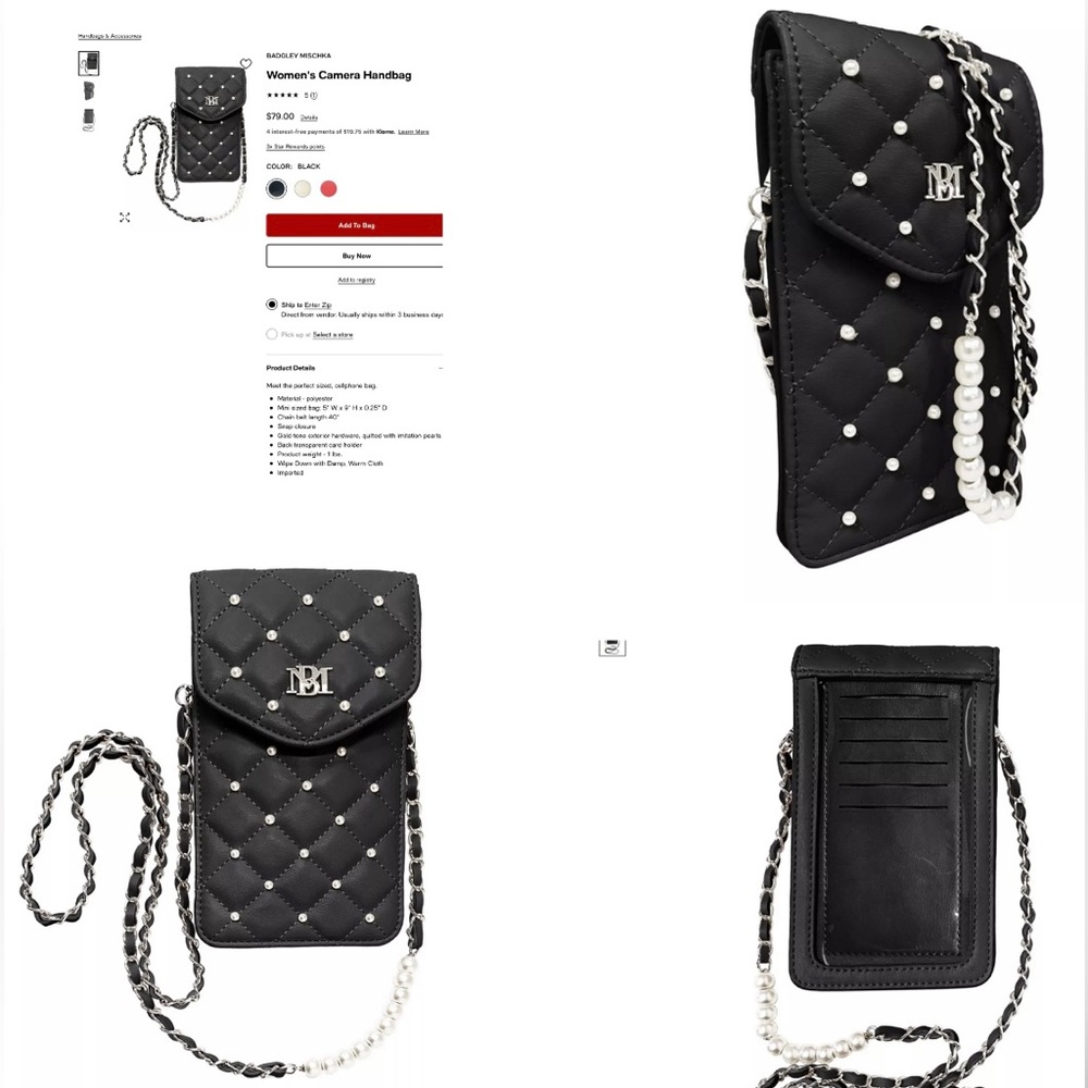 BADGLEY MISCHKA FAUX LEATHER & PEARLS ANYTHING BAG, CELLPHONE , CAMERA, ETC